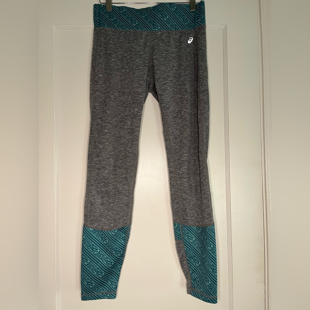 ASICS Grey Leggings with Teal Patterned Waistband and Cuffs Women's Medium